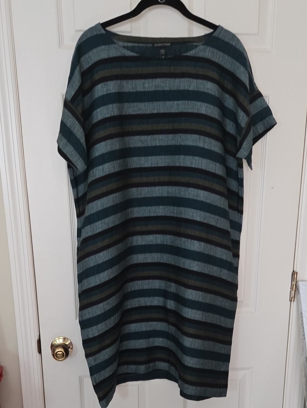 Eileen Fisher Linen Teal, Black & Olive Striped Short-Sleeve Dress